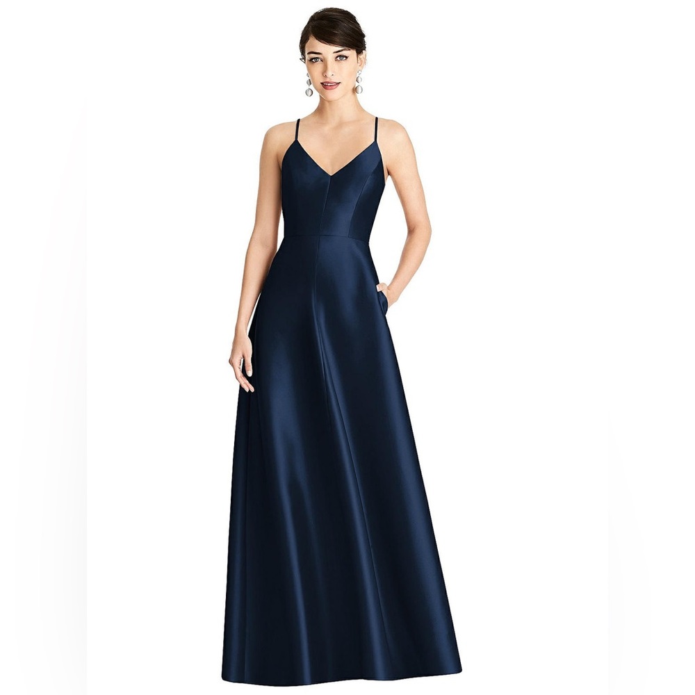 Alfred Sung V-Neck Full Skirt Satin Maxi Dress